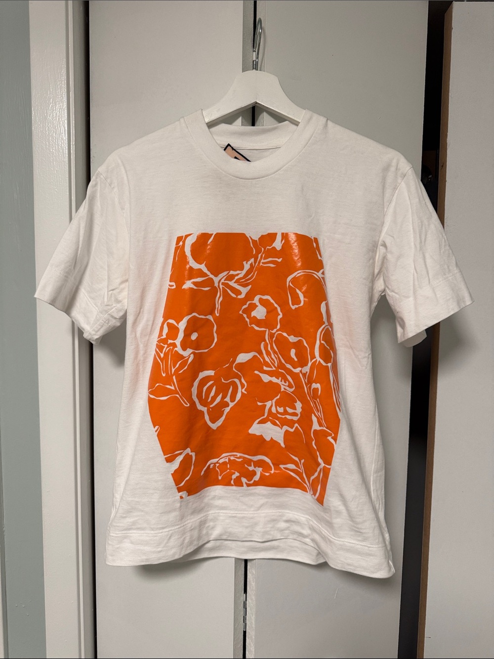 White Tee with Orange Floral Block Print - boutique brand